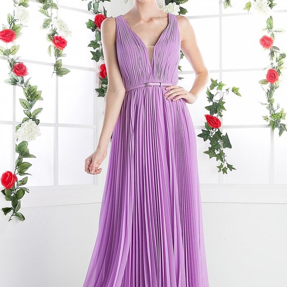 Illusion V-Neck A-Line Pleated Prom Dress CD1499 - Picture 1 of 7